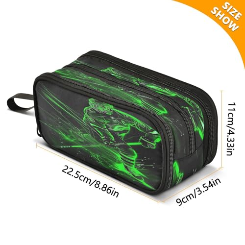 Image of Green Hockey Player Large Capacity Pencil Case Box Boys Girls Big Stationery Pen Bag Organizer Pencil Pouch Zipper Compartments for School Office