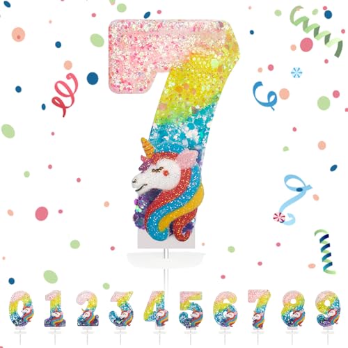 Velas Cumpleaños Números 7,3D Unicornio Arco iris Vela,Vela de