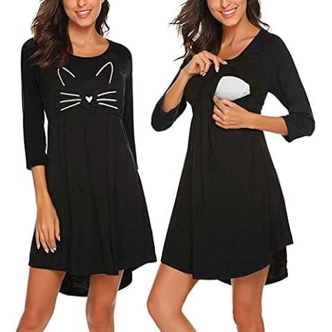 Maternity Breastfeeding Nightdress Autumn Nursing Dress Black for Labour Hospital Pregnancy Clothes Women Sleepwear Layered Design Nightgown/XL Cover
