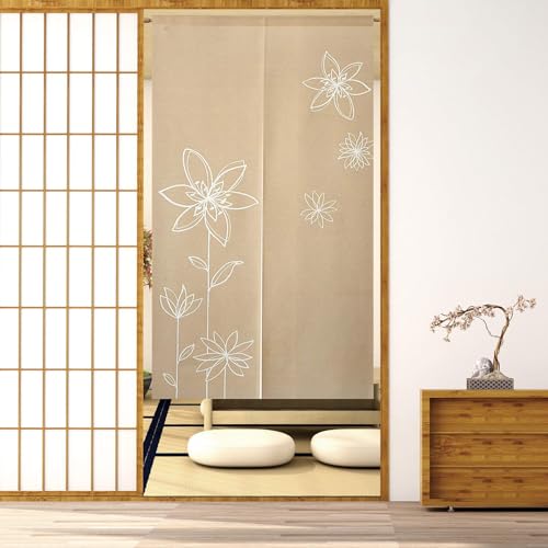 のれん 暖簾 間仕切りカーテン おしゃれ 目隠し 見えにくい 玄関 温泉 旅館 ホテル 廊下 お風呂 洗面所 トイレ オーダー可 ドアカーテン キッチ リビング 飲食店 出入り口 花（ベージュ）幅85丈120cm [2]