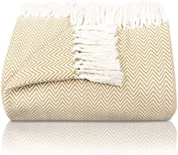 Gräfenstayn Narzuta klasy premium z frędzlami, 100% bawełna, wzór w jodełkę, koc, na lato, na łóżko, na kanapę, na sofę, 180 x 240 cm, kremowa