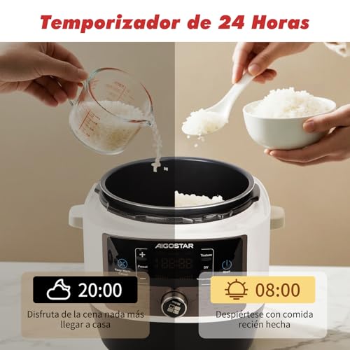 Aigostar Olla a Presión 5.5L 1000W | Recipiente Antiadherente, 14 Funciones, Panel LED Táctil, Mantener Calor, Temporizador 24H, 9 Sistemas de Seguridad, Recetario Digital Incluido, Blanco - imagen 6