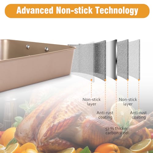 Roasting Pans with Handles, Bakeware Nonstick Steel Roaster with Flat Rack, Lasagna Pan 3 Inch Deep Baking Pan for Oven, Rectangle Cake Pans, Heavy Duty, Dishwasher Safe, 2 Pcs 13.7\"16\", Gold