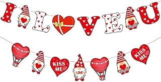 SHOKAN Valentines Day Decorations I Love U Heart Banners, 2Pcs Valentine's Day Gnomes Shape Hanging Banner, Red Heart Garland Banner for Valentines Wedding Engagement Anniversary Party Home Decor