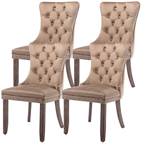 Image of Virabit Velvet Dining Chairs Set of 4, Tufted Upholstered Dining Chairs with Nailhead Back and Ring Pull Trim, Solid Wood Dining Chairs for Kitchen /Bedroom /Dining Room (Khaki)