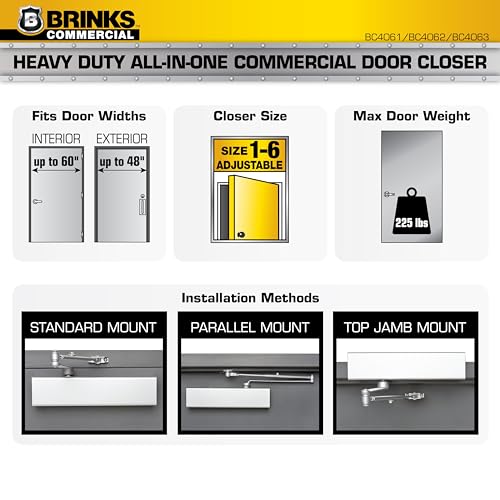 BRINKS Commercial - Heavy Duty All-in-One Commercial Door Closer, Aluminum Finish - Adjustable from Size 1 to Size 5 with a 180-Degree Opening Range