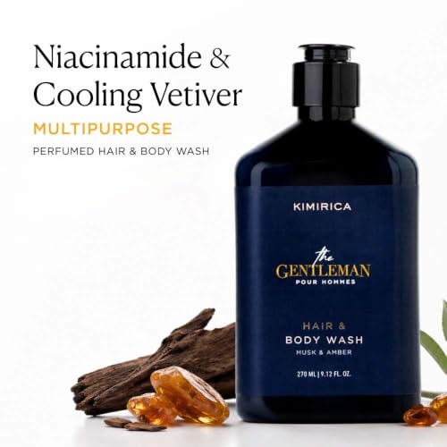Image of Kimirica The Gentleman Niacinamide 2-in-1 Hair & Body Wash | Oil & odour control SLS-free Formula | Instant Cooling Effect | Hydrates dry & Rough Skin | Musk & Amber Perfumed Cleanser for Him | 270ml