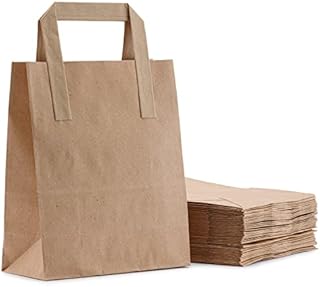Brown Paper Bags with Handles  REALUS Kraft 50PK 18 x 21 x 9cm, Made in Britain, Strong Small Carrier Bag for Lunch, Party, Gift, Storage, Packaging, Cake, Food Delivery Grocery Takeaway Shopping