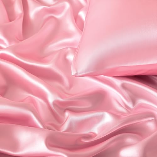 VACVELT 3-Piece Satin Fitted Sheet Set Queen Size, Pink Bottom Bed Sheet with 2 Pillowcases, Similar to Silk Sheets, Luxury & Silky Bedding Set, 15 Inch Deep Pocket - Image 3