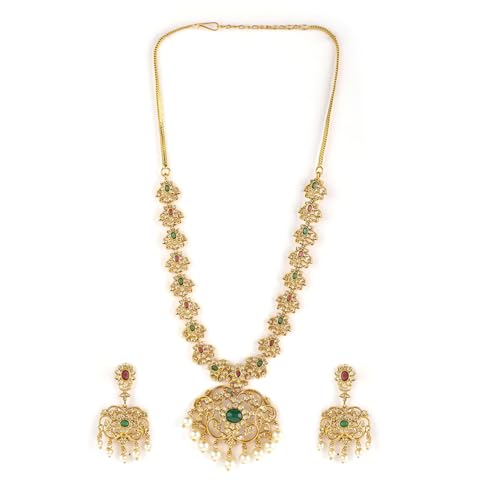 Rubans 24K Gold Plated Handcrafted Red & Green Stone Floral Filligree Traditional Necklace Set (B0D6RR9Y5W) Amazon Price History, Amazon Price Tracker