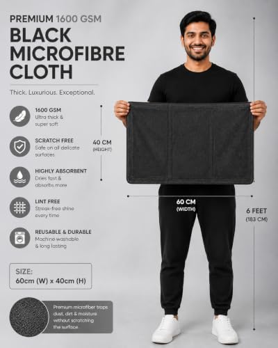Image of 1600 GSM Microfiber Car Drying Towel Large (60x40 cm) | Ultra Absorbent Twisted Loop Cloth | Edgeless, Scratch-Free & Lint-Free for Car Drying | Black