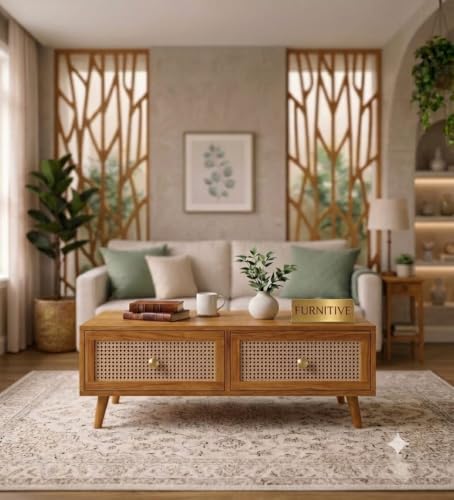 Image of Solid Sheesham Wood Coffee Table & Center Table for Living Room with Rattan Cane Lift-Down Shutter & Open Shelf, Solid Wooden Teapoy for Sofa with Storage | Tea Table (A-Honey)