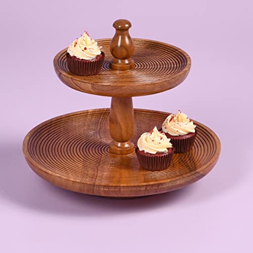 Folkulture Wooden Cake Stand Or Cupcake Stand For Dessert Table, 12 Inch Round Two Tiered Tray Or Decorative Serving Tray, Display Stand Or Cupcake Holder Or Tower For Wedding Décor (Natural Ribbed) #TOP12