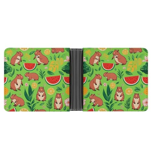 Men's Travel Bifold Wallet, PU Leather Lightweight Credit Card Holder Money Clip Cute Capybaras Fruits Floral Slim Purse with Multiple Card Slots