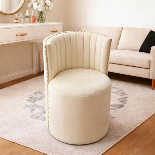 Image of Luxury Velvet Ottoman Chair Pouffe Stool-Modern Round Soft-Padded Chair for Dining Room, Living Room /Cafeteria Seating /Bedroom and Dressing Area /Ottoman with Backrest (Cream.)