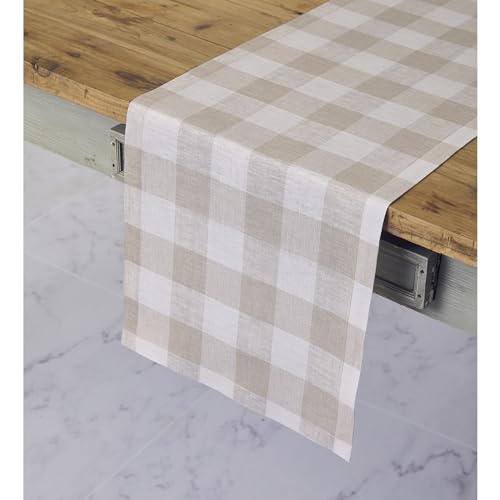 Solino Home Linen Buffalo Check Table Runner 60 Inches - 100% Pure Linen Natural and White Plaid Table Runner 14 x 60 Inch Ideal for Dresser and Coffee Tables - Summer