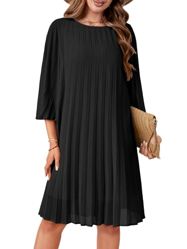 Rooscier Women's 3/4 Sleeve Pleated Crew Neck Keyhole Back Flowy Loose Fit Midi Dress2