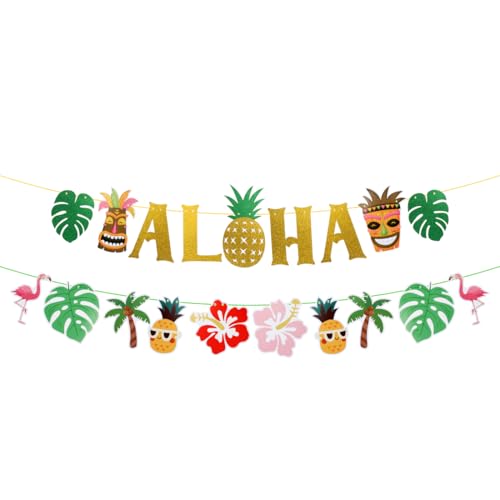 HUKUMA Decoração do Havaí, decoração de festa haw, decoração de praia, anás, flamingo, palmeira insuflável das Caraíbas, grinalda havaiana para festa de verão, festa na piscina, bandeira dourada de