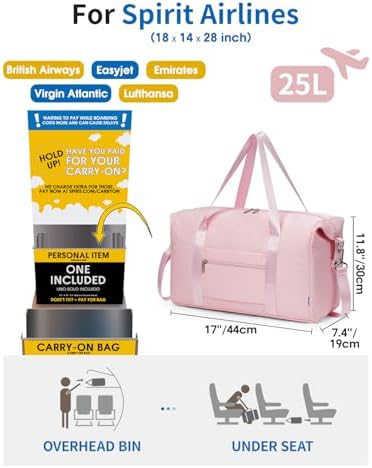 Narwey Travel Duffle Bags for Women, Weekender Sports Gym Tote Bags for Women, Personal Item Travel Bag Airplane, Overnight Hospital Shoulder Bag, Carry on Luggage with Trolley Sleeve (Pink)