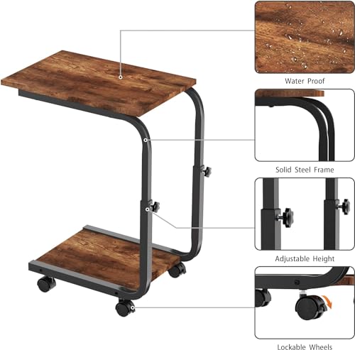SIMPDIY Side Table Height Adjustable End/Bedside Table with 4 Wheels for Sofa Bedroom Living Room Office, Coffee Tables for Small Spaces, Stable, Heavy Duty Iron, Rustic Brown - Image 5