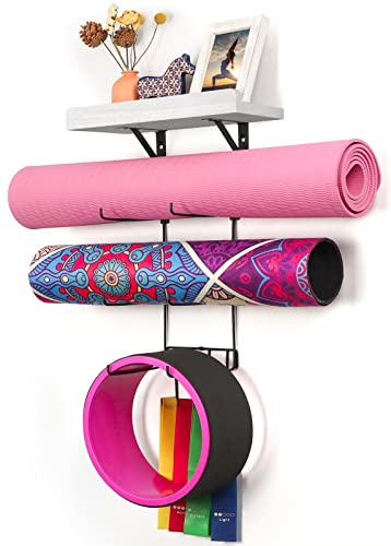 Bikoney Yoga Mat Holder Wall Mount Yoga Mat Rack Home Gym Accessories with Wood Floating Shelves and 4 Hooks for Hanging Foam Roller and Resistance Bands at Fitness Class or Home Gym White