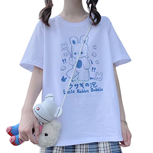 Japanese Harajuku Kawaii Goth Casual Style Loose Crewneck Cute Cartoon Little Rabbit Bubble Print T-Shirt