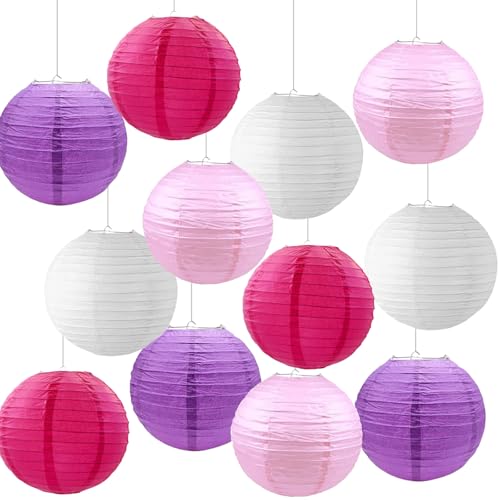 Zillary Lanterne di Carta, 12 Pezzi, Rosa Rossa, Rosa, Bianco, Viola Chiaro, 4 Dimensioni (15, 20, 25, 30 cm), Per Feste e Celebrazioni