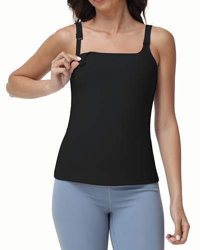 Foucome Nursing Tank Tops for Breastfeeding Square Neck Nursing Camisoles Yoga Workout Shirt with Built in Bra Black, M