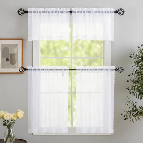 Image of White Sheer Tier Curtains - 30 inch Length, Transparent Half Window Curtains for Kitchen, Bathroom, Cafe - Light Filtering Voile Panels, Rod Pocket, 2 Panels, 30Wx30L