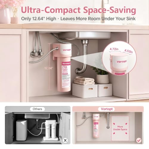 Image of Vortopt Q7 19000 Gallon Sink Water Filter, Reduces Chlorine, Lead, | Bad Taste & Odor, Under Counter Water Filter Connects Directly to Your Faucet, NSF /ANSI 372 & 42 Certified, 2Years, Pink.