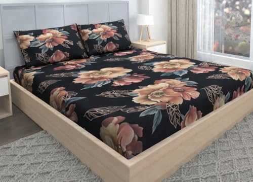 Image of BEVI Home Super Fabric 300 TC Microfiber Double King Size Bedsheet with 2 Pillow Covers - Printed Bedsheet Size (90x95) Black Golden Flower