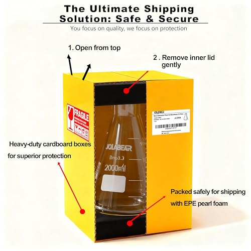 JOLABEAR 2000ml Erlenmeyer Flask 3.3 Borosilicate Glass Flasks Narrow Mouth Conical Flask for Chemistry Science Projects School Home Brewing Yeast Starter, Secure EPE Foam Packaging