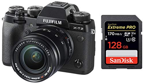 Image of Fujifilm X Series X-T2 Mirrorless Digital Camera with 18-55mm F2.8-4.0R LM OIS Lens (Black) + SanDisk 128GB Extreme Pro SDXC UHS-I Card - C10, U3, V30, 4K UHD, SD Card