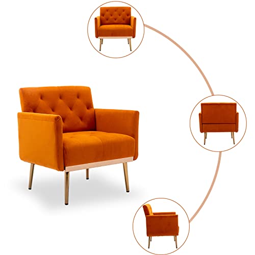 Kivenjaja Velvet Accent Chair, Modern Comfy Tufted Upholstered Armchair For Living Room & Bedroom, Reading Arm Chair Single Sofa With Rose Gold Metal Legs, Orange #TOP6