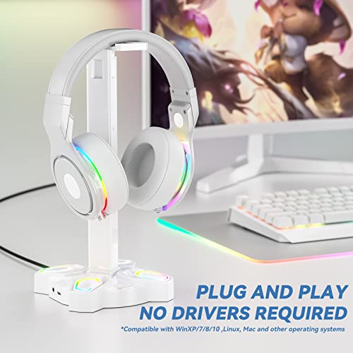 Kdd Gaming Rgb Headphones Stand, Rotatable Headset Stand With 9 Light Modes - Controller Holder With 2 Usb Charging Ports And 3.5Mm & Type-C Port - Earphone Hanger Accessories For Desktop Gamer(White) #TOP6