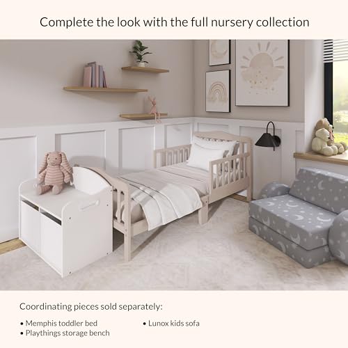 Image of Dream On Me Classic Design Toddler Bed in Almond Butter, Low-to-Floor Wooden Bed with Safety Rails, GREENGUARD Gold & BSA Certified, Non-Toxic Finish