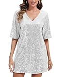 Kyzoeyou Women's Glitter Sequin Dress Sparkle Crew Neck V-Neck Half Sleeve Loose Backless Mini T-Shirt Dresses for Party Club Cocktail(Silvery Large)