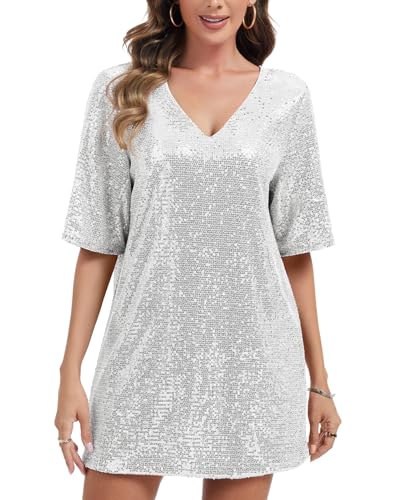 Kyzoeyou Women's Glitter Sequin Dress Sparkle Crew Neck V-Neck Half Sleeve Loose Backless Mini T-Shirt Dresses for Party Club Cocktail(Silvery X-Large)