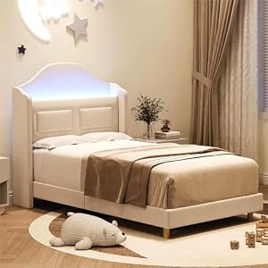 GAOMON Twin Bed Frame, Velvet Platform Bed Frame with LED Light & Storage Headboard, Sturdy Wooden Slats, No Box Spring Needed, Beige