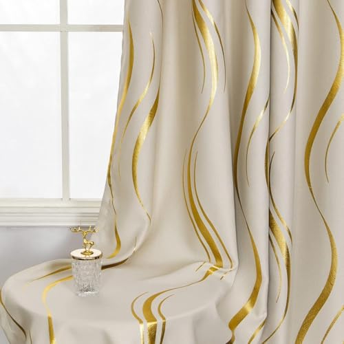 MYRU 2 Panels Set Luxury Striped Blackout Curtains for Bedroom Living Room (Beige and Gold, 2 x 66x106 Inch) - Image 3