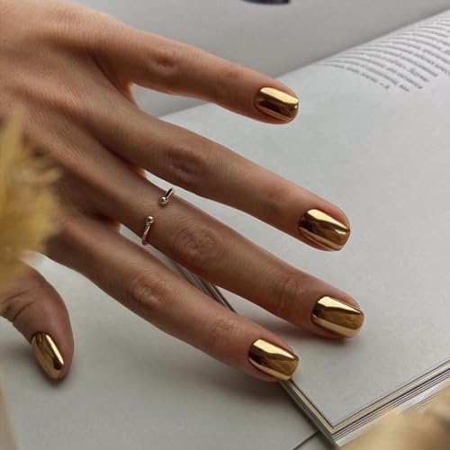 Gold Press on Nails Square Short Fake Nails Metallic Chrome False...