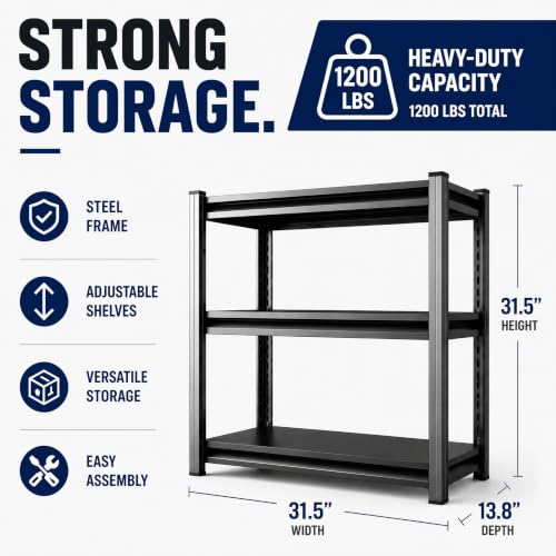 Image of Garage Shelving Heavy Duty Shelving Unit, 1200 LBS 3-Tier Adjustable Boltless Storage Rack, Organizer for Garage Warehouse Kitchen Basement Workshop Household Supplies, 31.5 inchH x 31.5 inchW x 13.8 inchD, Black