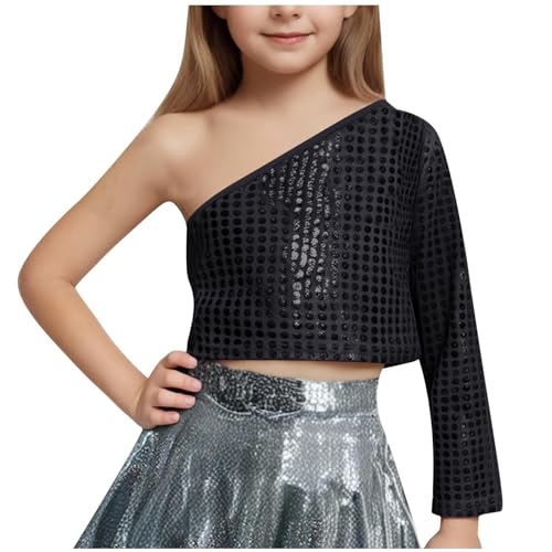 Girls Sequin Dance Tshirts Trendy One Shoulder Metallic Shimmer Lightweight Shirts Sparkly Glitter Performance Tops