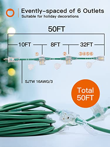 50Ft Outdoor Extension Cord With Mutil Outlets Evenly Spaced 6 Outlets 16/3 Sjtw Weatherproof Power Cable For Indoor Outdoor Christmas Halloween With Indicator Lights Etl Listed #TOP5