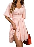 Dokotoo Womens Summer Dresses Tie Backless Sexy Lantern Sleeve Square Neck Hawaiian Pink Ruffle Floral Elastic Waist A-line Off The Shoulder Dresses for Beach Vacation Large
