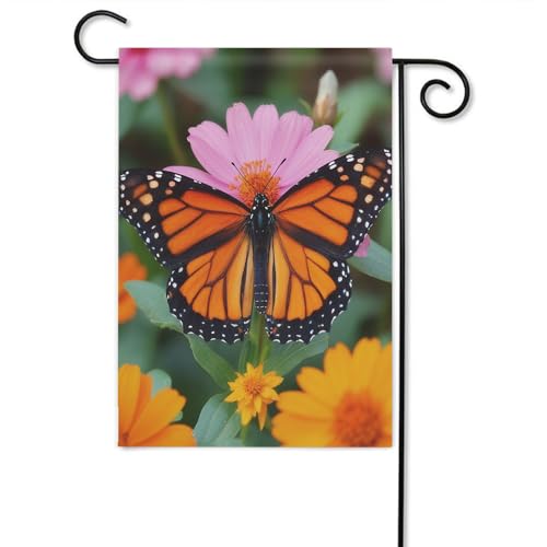 Moslion Butterfly Garden Flag 12.5x18 Inch Monarch Butterflies on Pink Yellow Flowers Green Leaf Yard Flag Burlap Banners Vertical Double Sided for Farm House Outside