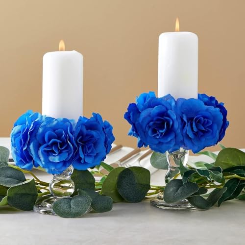 Image of Bright Creations Blue Roses Artificial Flowers - Set of 50 3 in Stemless Silk Roses - Royal Blue Reusable Water-Resistant Faux Bouquet Decor for Wedding & Home