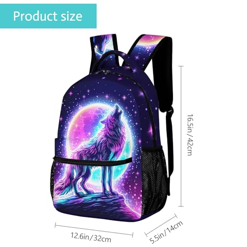 GNEW Galaxy Wolf Backpack Howling Wolf Backpack for Kids, Pink Purple Galaxy Starry Stars School Backpack, Universe Animal Bookbag Elementary Middle High School Backpack,16.5 Inch2