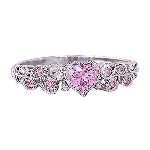 Women Simple Engagement Rings Inlaid Zircon Heart Shape Personality Bridal Wedding Band Anniversary Rings (Pink, 8) #TOP22
