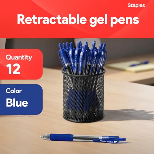 Image of STAPLES Retractable Gel Pens, Fine Point 0.7mm, Blue Ink, 12 Pack - ProGel Smooth‑Writing Pens for Office, School & Home